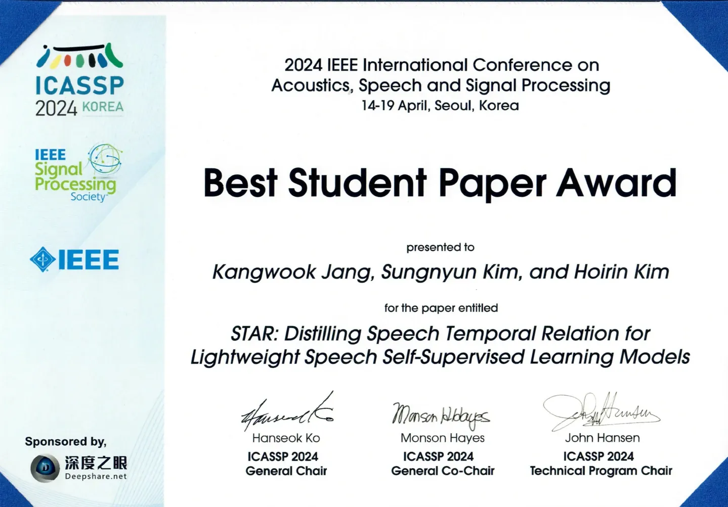ICASSP 2024 Best Student Paper Award certificate